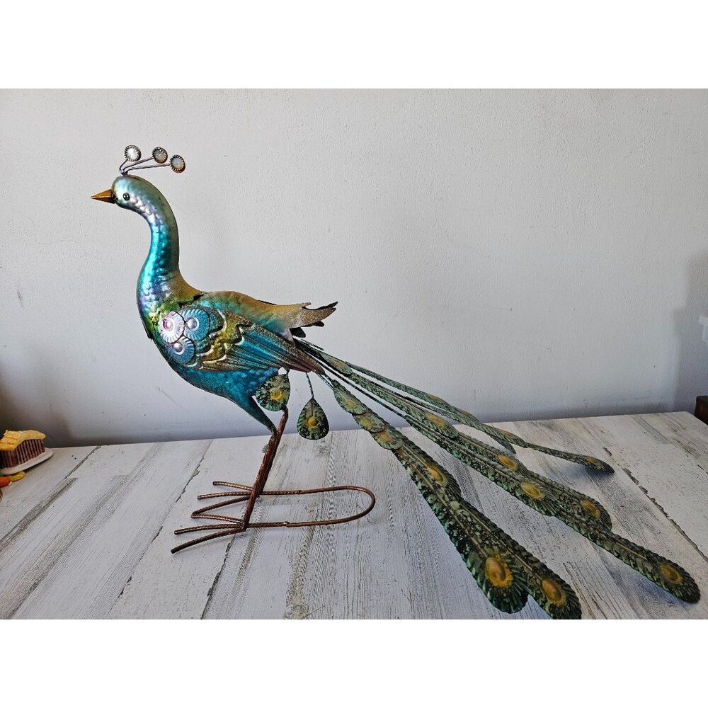 Metal peacock bird lawn decor large life size colorful blue unique large peacock